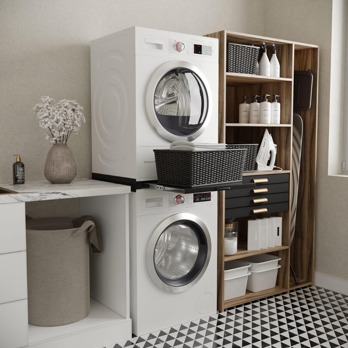 MIRA® Tussenstuk Wasmachine Droger - Stapelkit - Tussenstuk Wasmachine en Droger - Tussenstuk Wasmachine Droger Zwart - Tussenstuk Wasmachine Droger Aeg - Zwart - 54cm x 60cm x 8cm thumbnail 4