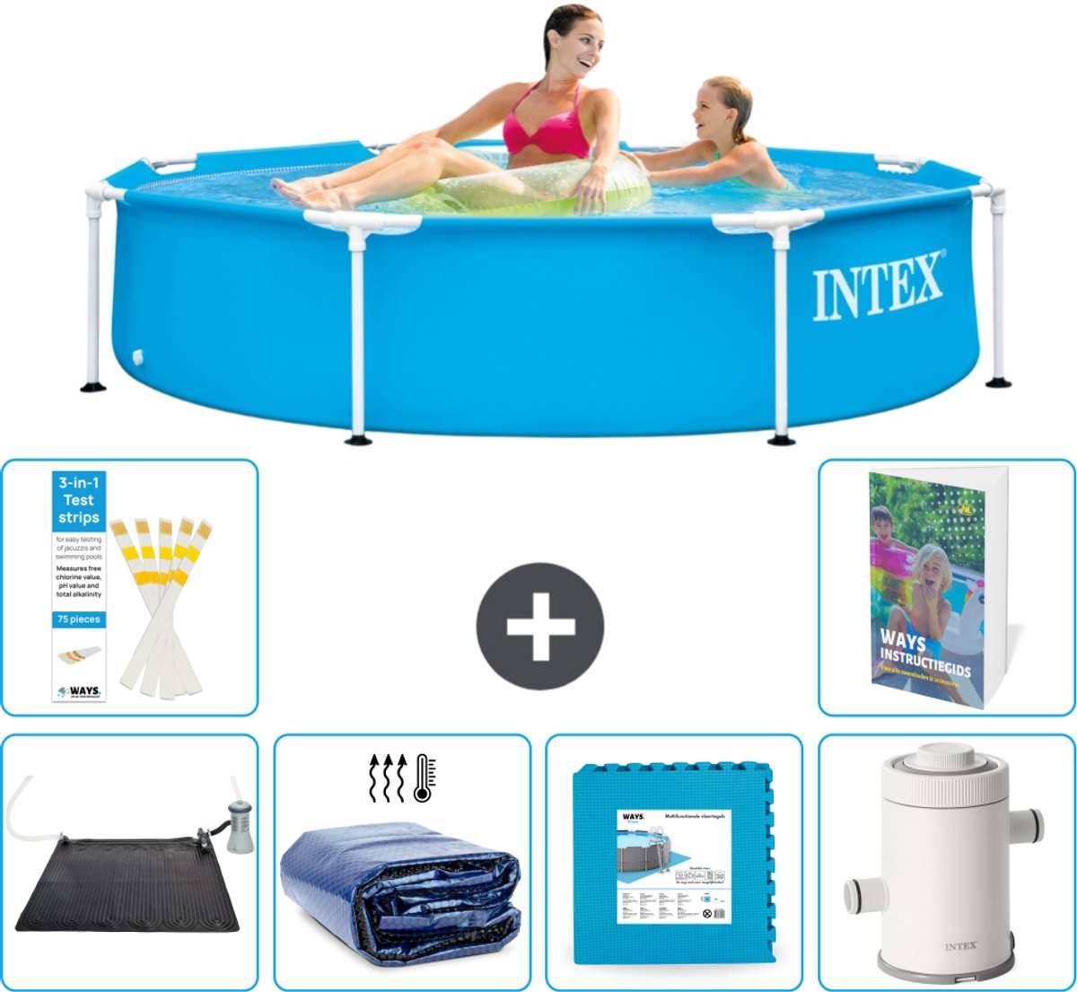 Intex Rond Frame Zwembad - 244 x 51 cm - Blauw - Inclusief Solar Mat - Solarzeil - Vloertegels - Zwembadfilterpomp - 7-delig