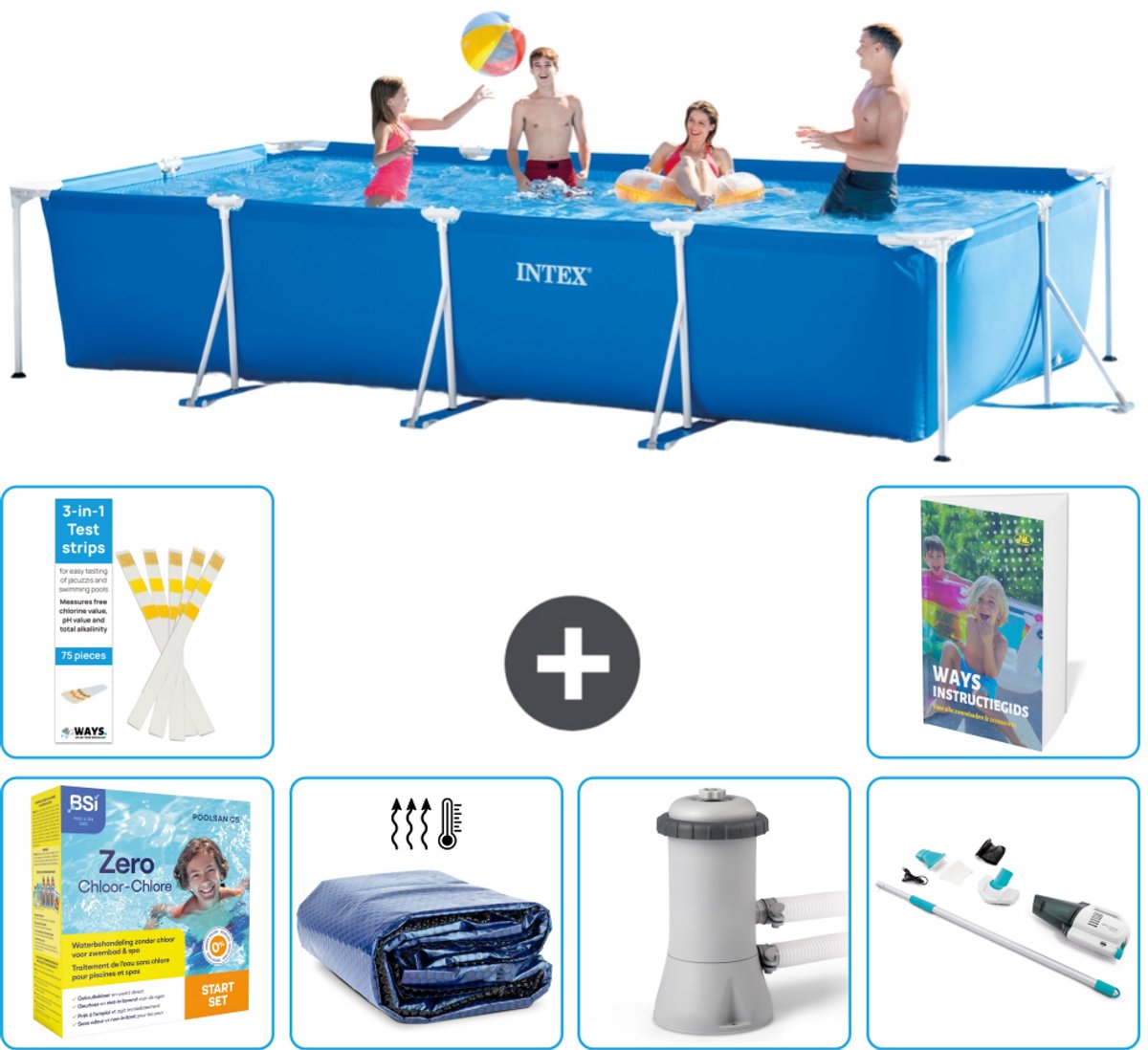 Intex Rechthoekig Frame Zwembad - 450 x 220 x 84 cm - Blauw - Inclusief Onderhoudspakket - Solarzeil - Zwembadfilterpomp - Stofzuiger - 7-delig