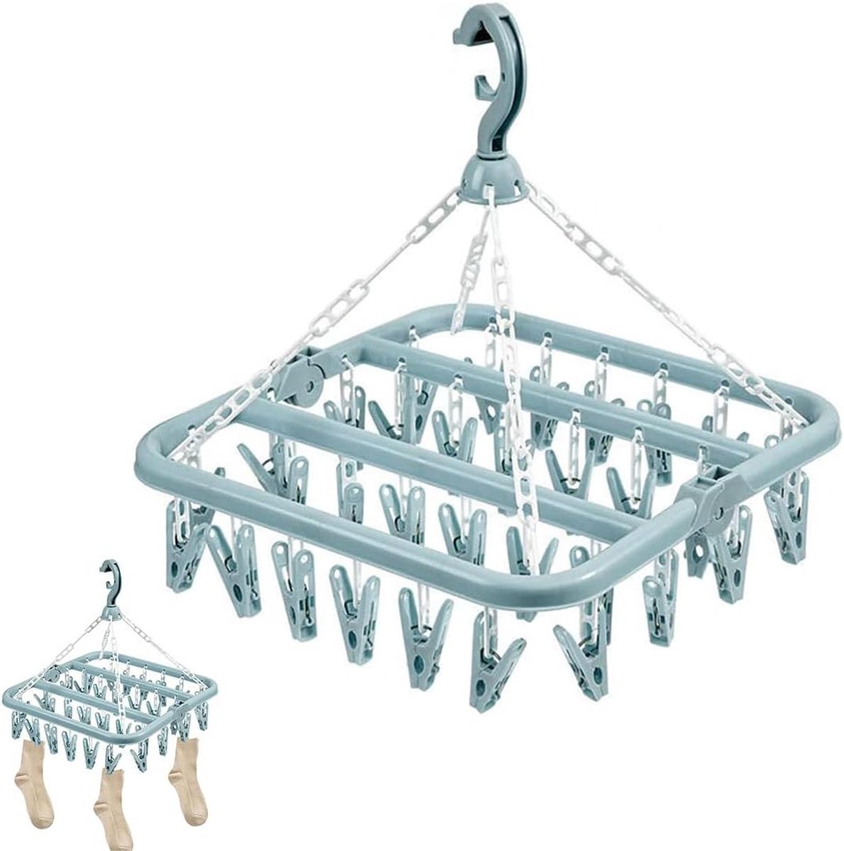 Kledinghanger met Clips - Droogrek - Sokken Drogen - 32 Clips - 32x32x35 cm - Wit