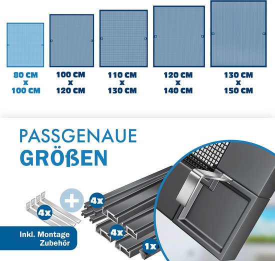 Verschillende maten vliegengaas, van 80x100 cm tot 130x150 cm. Met montageaccessoires.