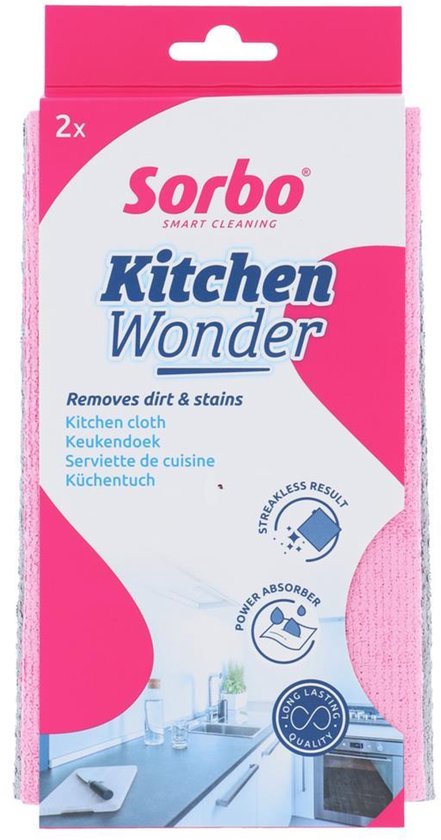 Verpakking met 2 Sorbo Kitchen Wonder doeken. Roze met witte opdruk. Afmetingen 32x38 cm.