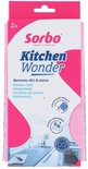 Verpakking met 2 Sorbo Kitchen Wonder doeken. Roze met witte opdruk. Afmetingen 32x38 cm.