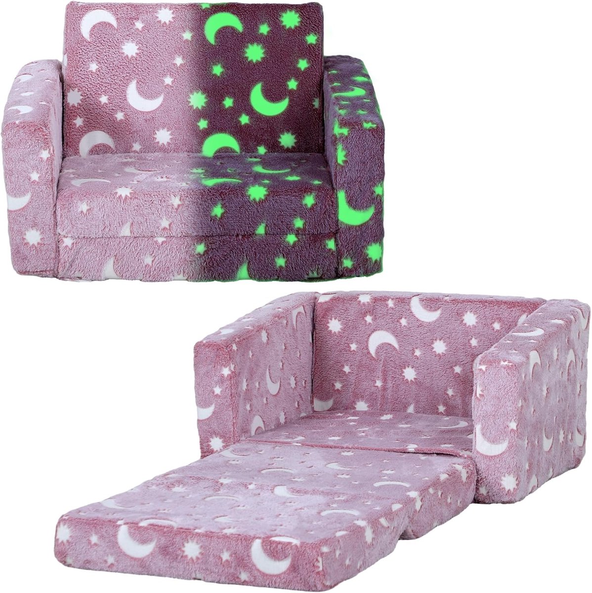 Kinderslaapbank - Kinderfauteuil - Spelen en slapen - Glow in the dark sterren - 59x105x30 cm - Roze