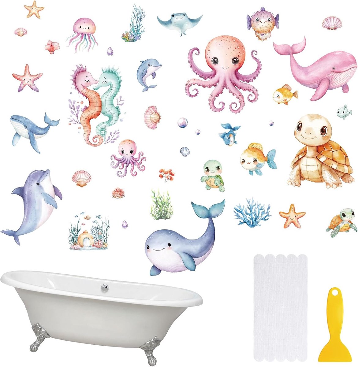 Antislip Badstickers - Zeedieren Thema - Veilige Douche - Zelfklevend Met Schraper - 6 Stuks 15x20cm - Veelkleurig