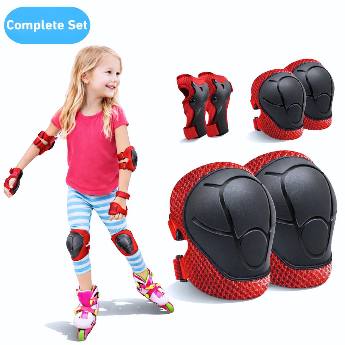 Hunta® Skate Beschermset Kinderen Beschermers Skeelers & Skates Valbescherming met Kniebeschermers Polsbeschermers en Elleboogbeschermers Verstelbare Skeeler Bescherming Skateboard & Rolschaatsen Skeeleren en Skaten voor Kind Rood