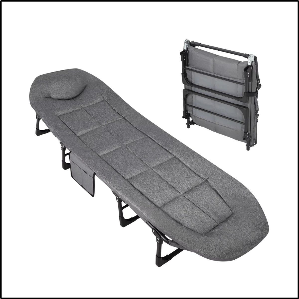 Opklapbed Camping 190 cm - Draagbaar Slaapbed Met Kussen - Stevig Frame Tot 227 kg - Compact Design - Grijs