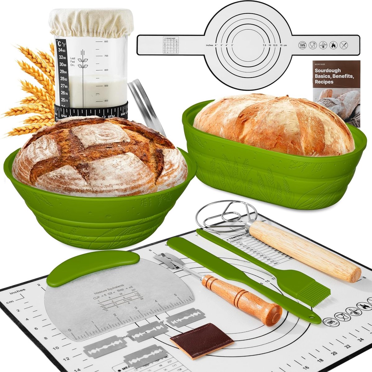Zuurdeeg Fermentset - Brood Accessoires - Zelf Brood Bakken - Compleet 15-delig - Groen