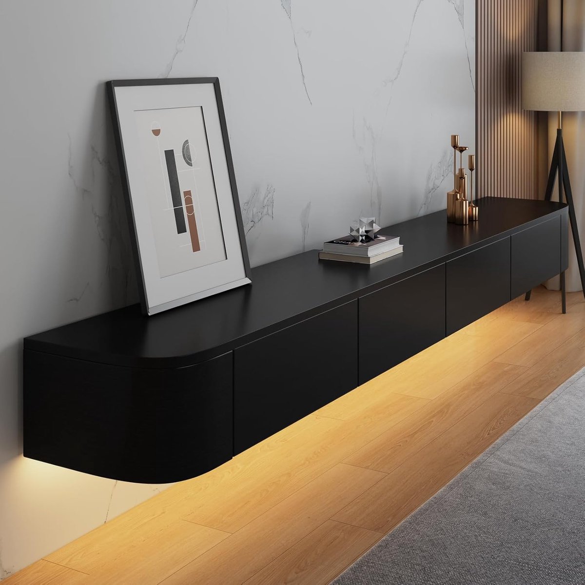 Zwevende TV Kast - Wandmeubel Media - Opbergen Entertainment - Met Deuren Lades - 140cm Breed - Zwart