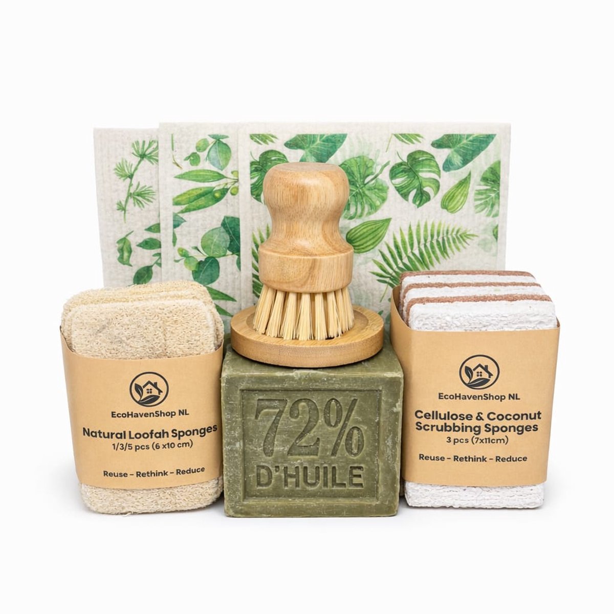 Eco Keuken Schoonmaak Set – Marseille Zeep 300g + Bamboe Afwasborstel + Plant-Based Sponzen & Herbruikbare Doeken – Duurzaam & Herbruikbaar