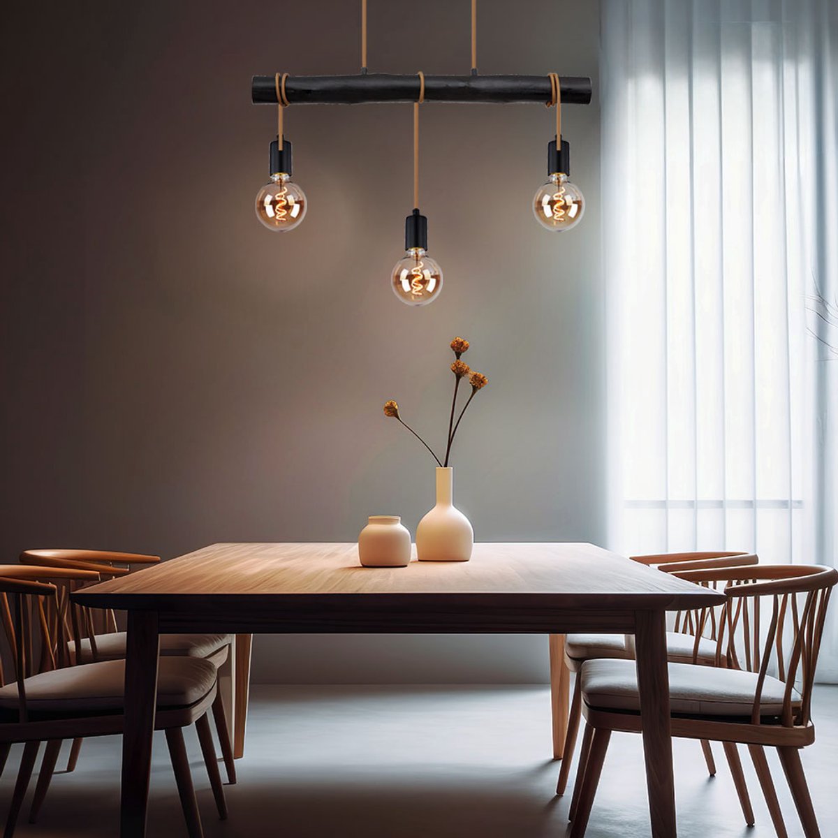 Hanglamp eettafel hanglamp zwart woonkamerlamp modern, houten lamp 3-lichts touw in hoogte verstelbaar, metaal, 3x E27 fitting, LxBxH 60x5x120 cm