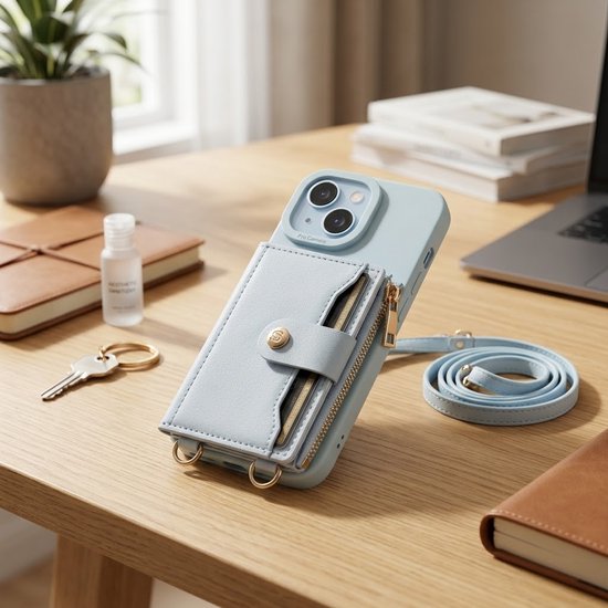 Lichtblauw telefoonhoesje met portemonnee en rits op een houten bureau, met een koord en sleutel.