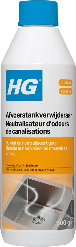 Witte fles HG Afvoerstankverwijderaar met een afbeelding van een schone gootsteen.