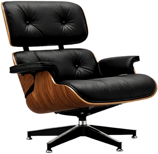 Zwarte leren fauteuil met gepofte zitting en gebogen houten zijkanten op metalen poten.