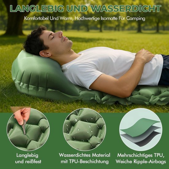 Campingmatras Zelfopblazend - Slaapmat Trekking - Outdoor Kamperen - Ultralicht Draagbaar - 195 x 60 cm - Groen — afbeelding 2