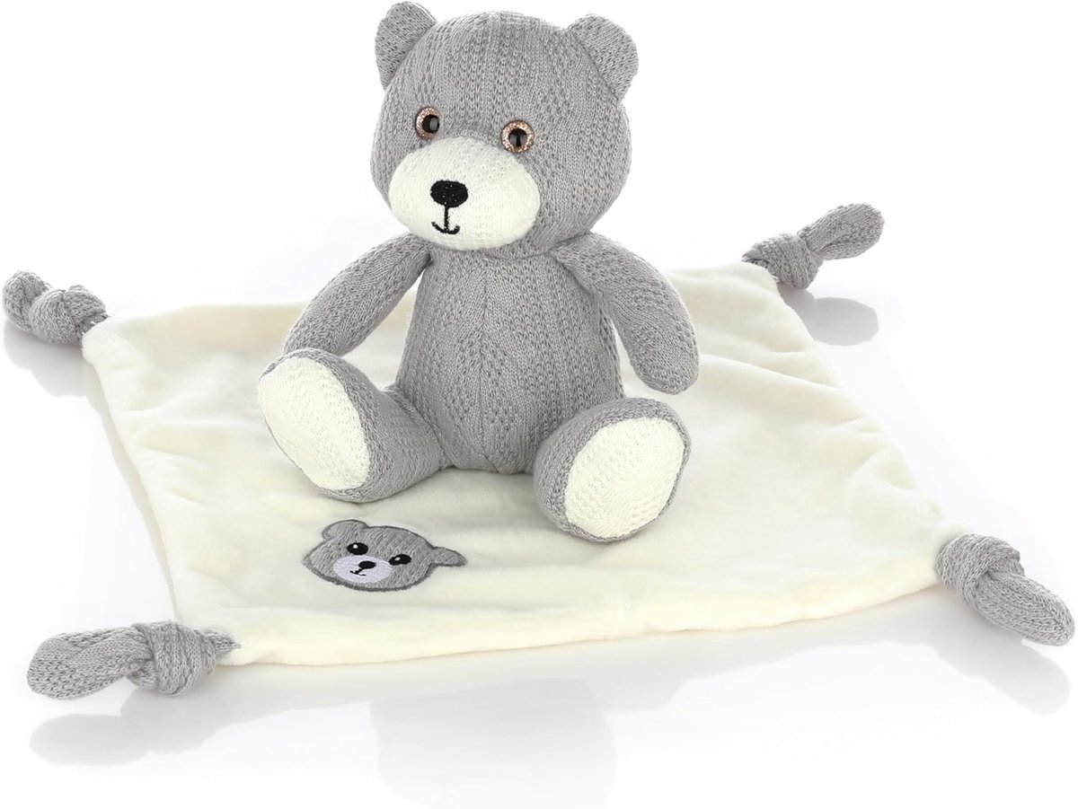 Knuffelbeer met doek - Knuffel en speelgoed - Babykamer decoratie - Gebreid design - 15x15 cm beer - Grijs
