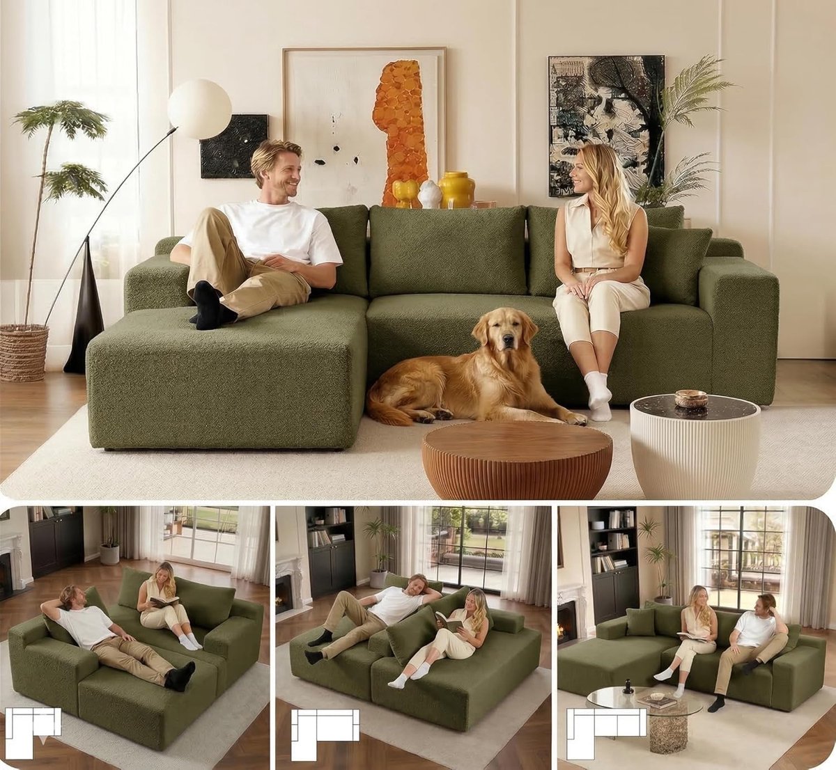 Hoekbank L-vorm met chaise longue rechts 263x173x60 cm – Modulaire 3-zits bank – Bouclé stof – Schuim met hoge dichtheid – Modern design – Groen – Merk Laura