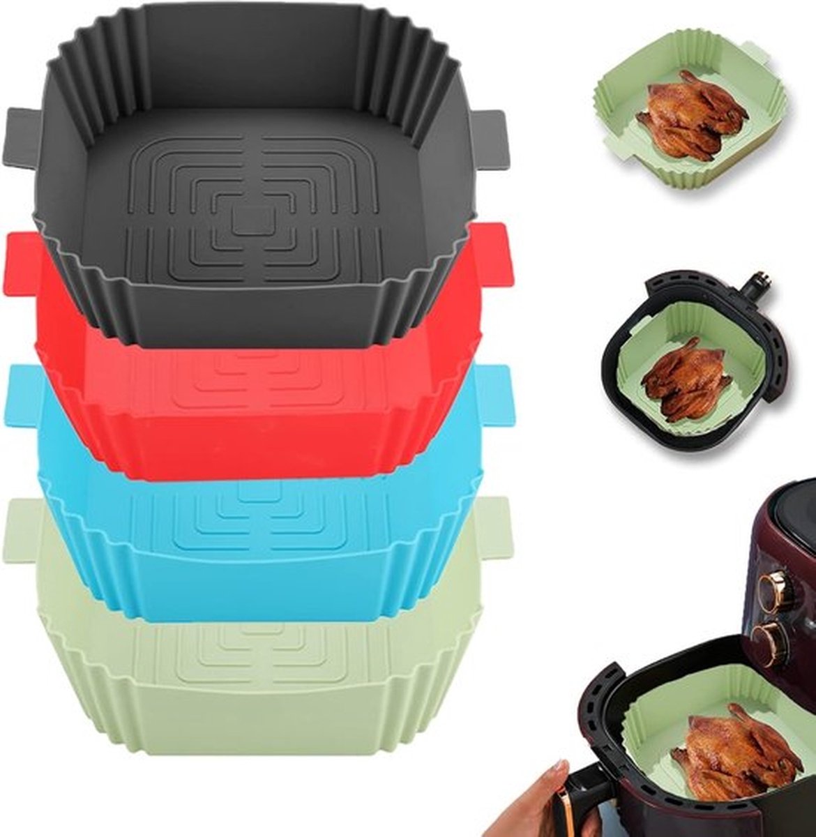 4 Stuks Siliconen Airfryer Matten 19,5 Cm Diameter - Airfryer Siliconen Roosters - Herbruikbaar En Eenvoudig Schoon Te Maken - Vierkante Airfryer Matten Voor Potmodellen (Donkergrijs + Rood + Blauw + Groen)