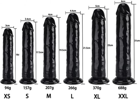 Zes zwarte dildo's in verschillende maten (XS tot XXL) met afmetingen en gewichten.