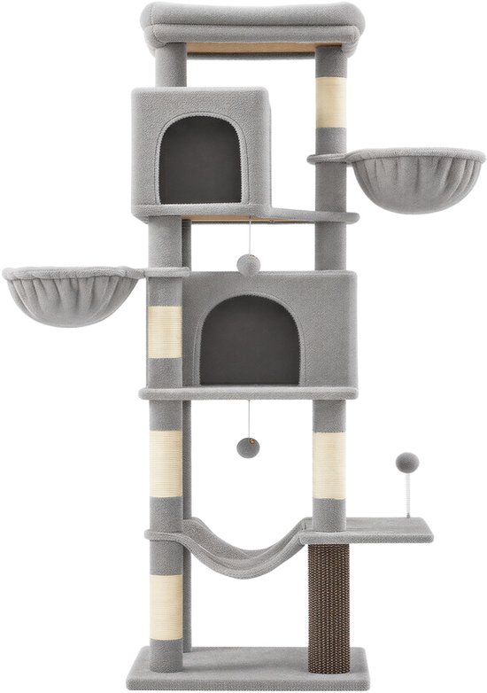 Arbre à chat gris de 175 cm de haut avec 2 maisons, 2 hamacs et 5 poteaux à griffer. Poteaux à griffer blancs et beiges.