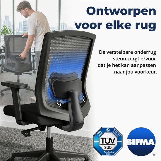 Backerz Ergonomische Bureaustoel - Bureaustoelen voor Volwassenen tot 140kg - Low Back Office Chair - NEN-EN1335 - Zwart
