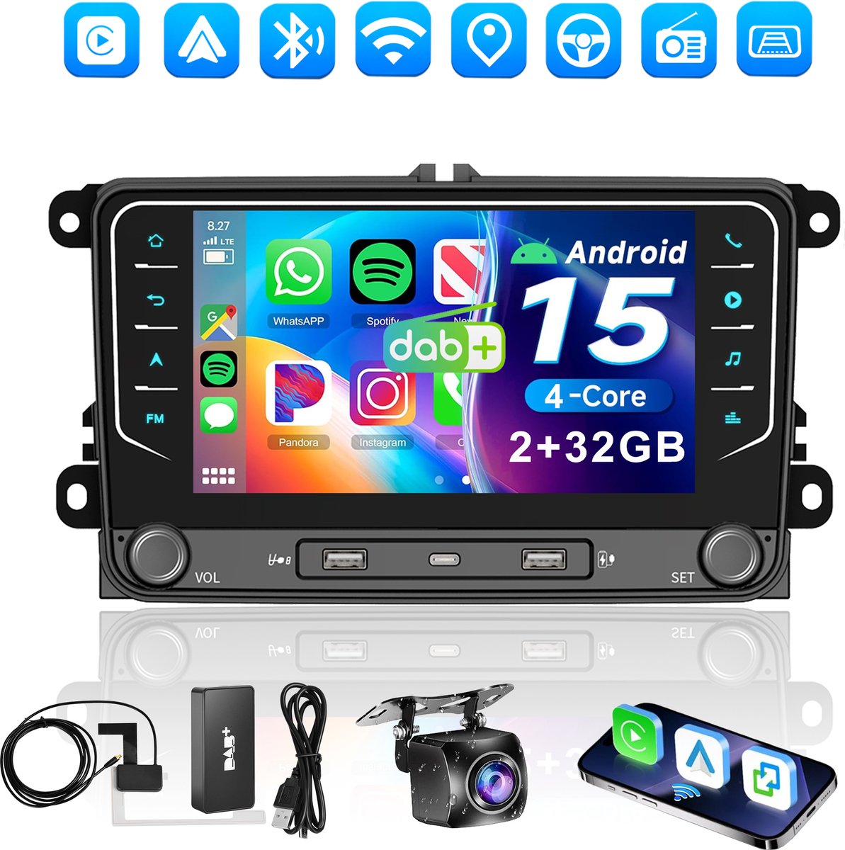 ESSGOO Autoradio - Geschikt voor Volkswagen, Skoda & Seat - Apple Carplay & Android Auto - Android 15 - 2+32GB - 7 Inch HD Touchscreen - GPS, Bluetooth, USB & Type-C, Wifi - DAB+ Achteruitrijcamera