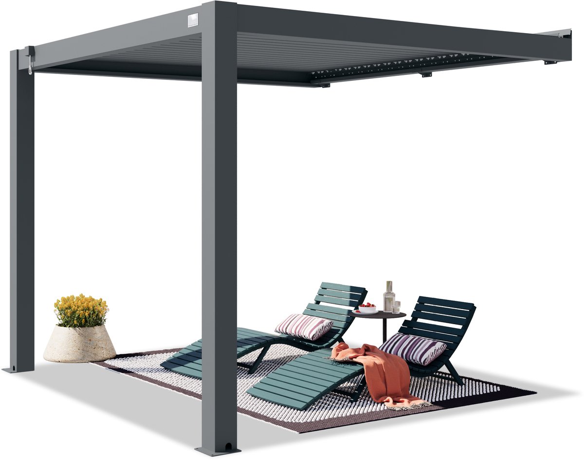 PRIMEYARD Pergola aan huis 3x3 m staanders van aluminium met aluminium lamellendak muurpergola antraciet