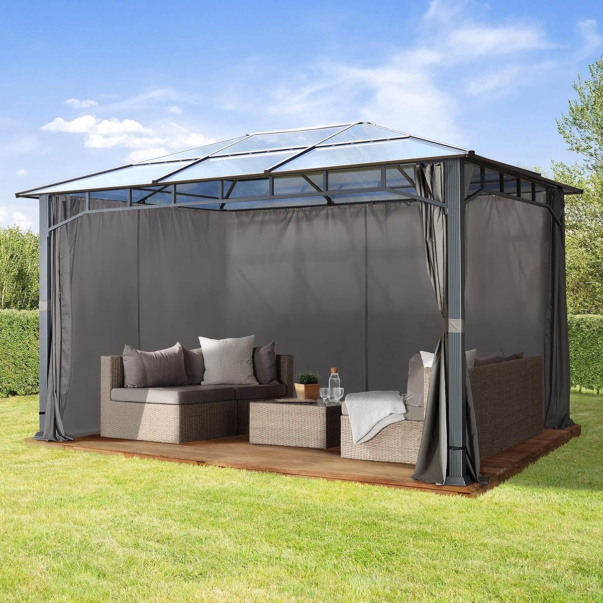 Tuinpaviljoen 3x4m Aluminium Hardtop met 8mm Polycarbonaat Dak – Waterdicht UV50+ met Zijpanelen – Luxe All-Weather Terrasoverkapping Leigrijs | Laura