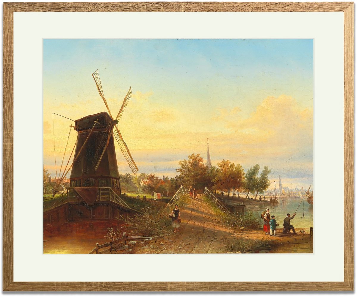 Watermolen Amsterdam (Meindert Hobbema) - Ingelijste Muurkunst - 63x53cm lichtbruin frame - Glasplaat en Passe-partout - Museum kwaliteit print