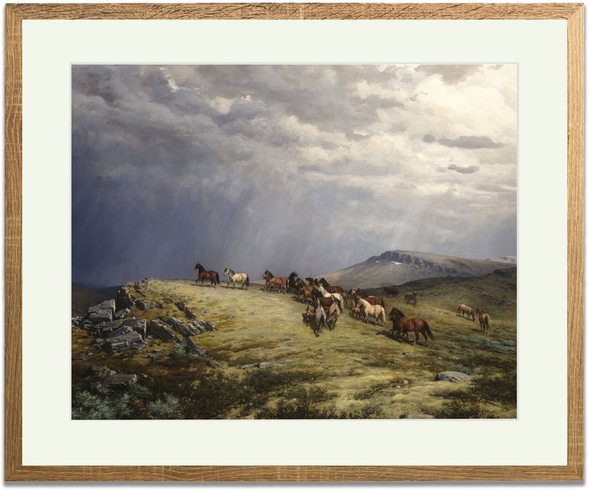 Paarden op de berg (Peter Nicolai Arbo) - Ingelijste Muurkunst - 63x53cm lichtbruin frame - Glasplaat en Passe-partout - Museum kwaliteit print