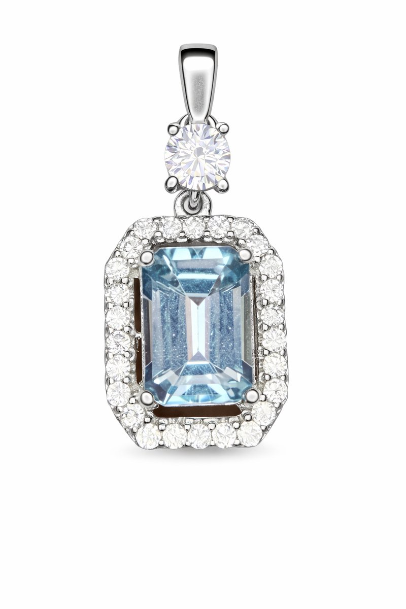 925 Zilveren Hanger met Swiss Blue Topaas en Zirkonia - Rhodium Plated - Blauwe Edelsteen Hanger voor Dames