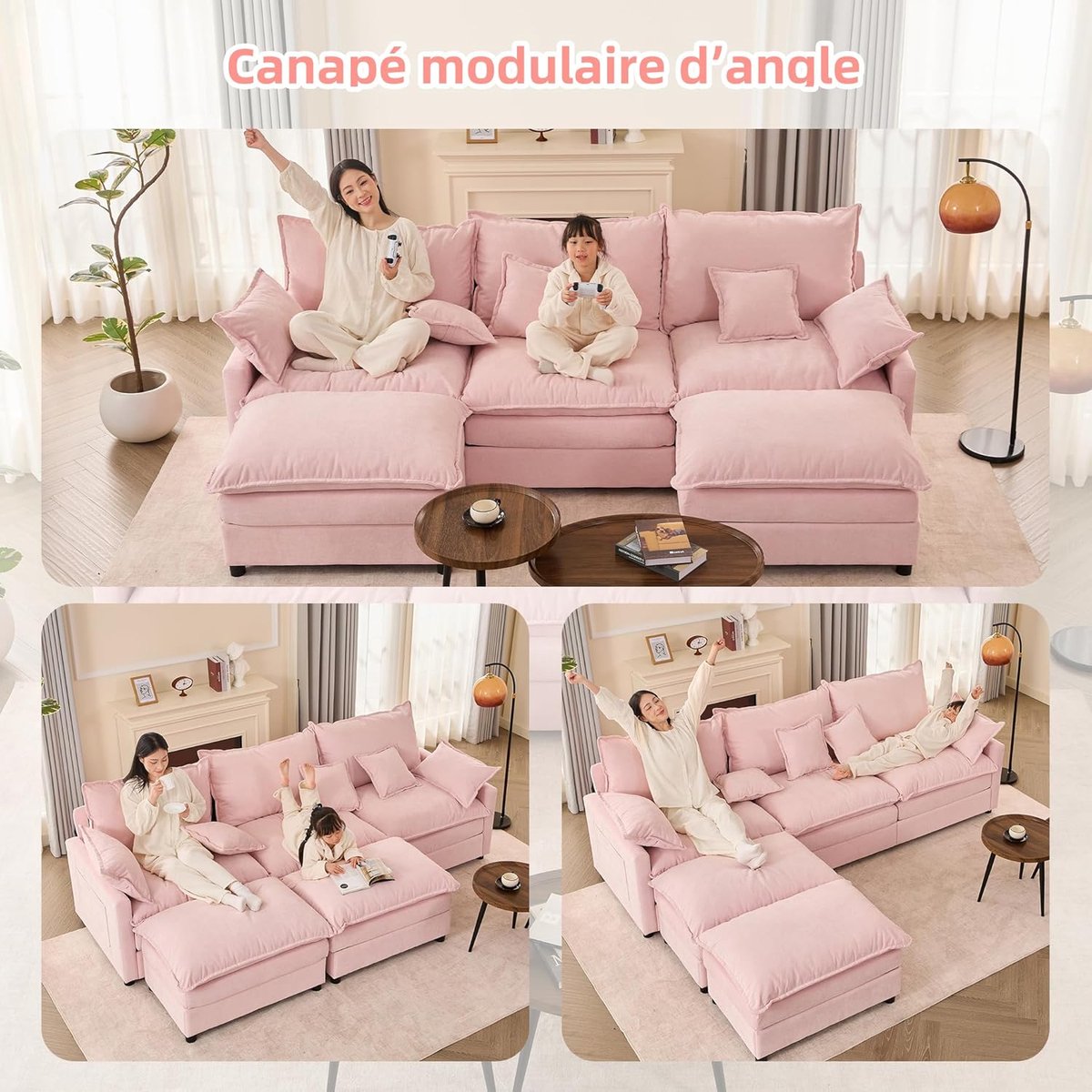 U-vormige modulaire slaapbank 274 cm met opbergruimte en chaise longue – chenille stof lichtroze – comfortabele 5-zits bank 274x145x93 cm – cloud bank design – Laura
