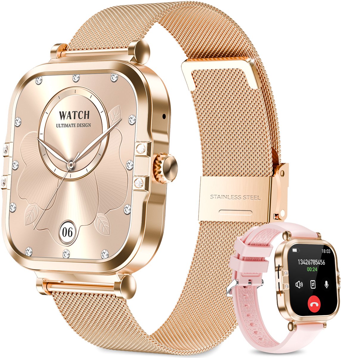 RAYOFI - Smartwatch - Nieuwe damessmartwatch 2026 - 1,75-inch fitnesshorloge - Met telefoonfunctionaliteit - Dubbele bandjes - Volledig touchscreen - Vierkant ontwerp - Stijlvol damessporthorloge - Goud - Compatibel met Android 4.4+ / iOS 10.0+