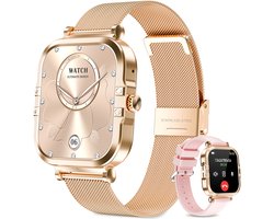 RAYOFI - Smartwatch - Nieuwe damessmartwatch 2026 - 1,75-inch fitnesshorloge - Met telefoonfunctionaliteit - Dubbele bandjes - Volledig touchscreen - Vierkant ontwerp - Stijlvol damessporthorloge - Goud - Compatibel met Android 4.4+ / iOS 10.0+