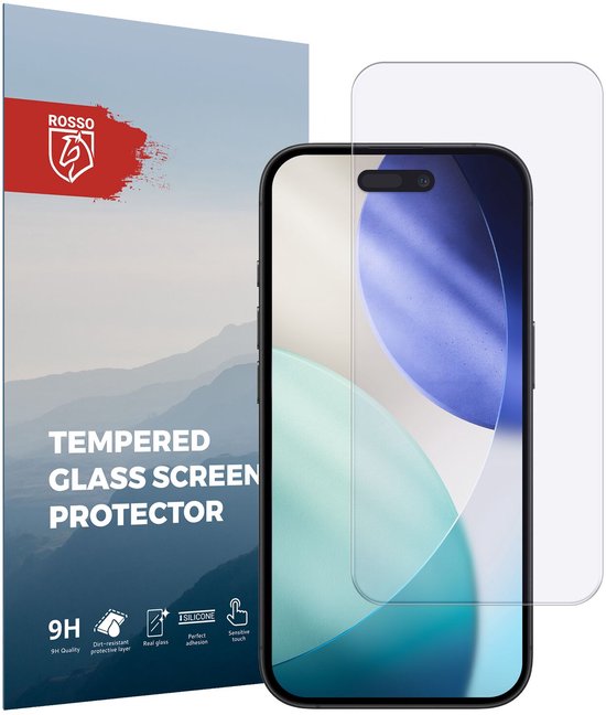 Tempered Glass Screen Protector van Rosso. Verpakking met berglandschap en telefoon met screenprotector. Iconen: 9H, vuilafstotend, echt glas, perfecte hechting, gevoelig contact.