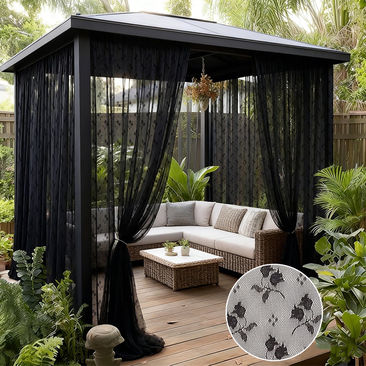 Qelus Decoratief Vliegengordijn voor Buiten - Vitrage - Set Van 2 - Buitengordijnen met Bloemenpatroon - Anti-Muggennet met Tunnelzoom - Kant en Klaar Patio & Balkon - 155x249cm - Zwart Zwart - 2 Stuks