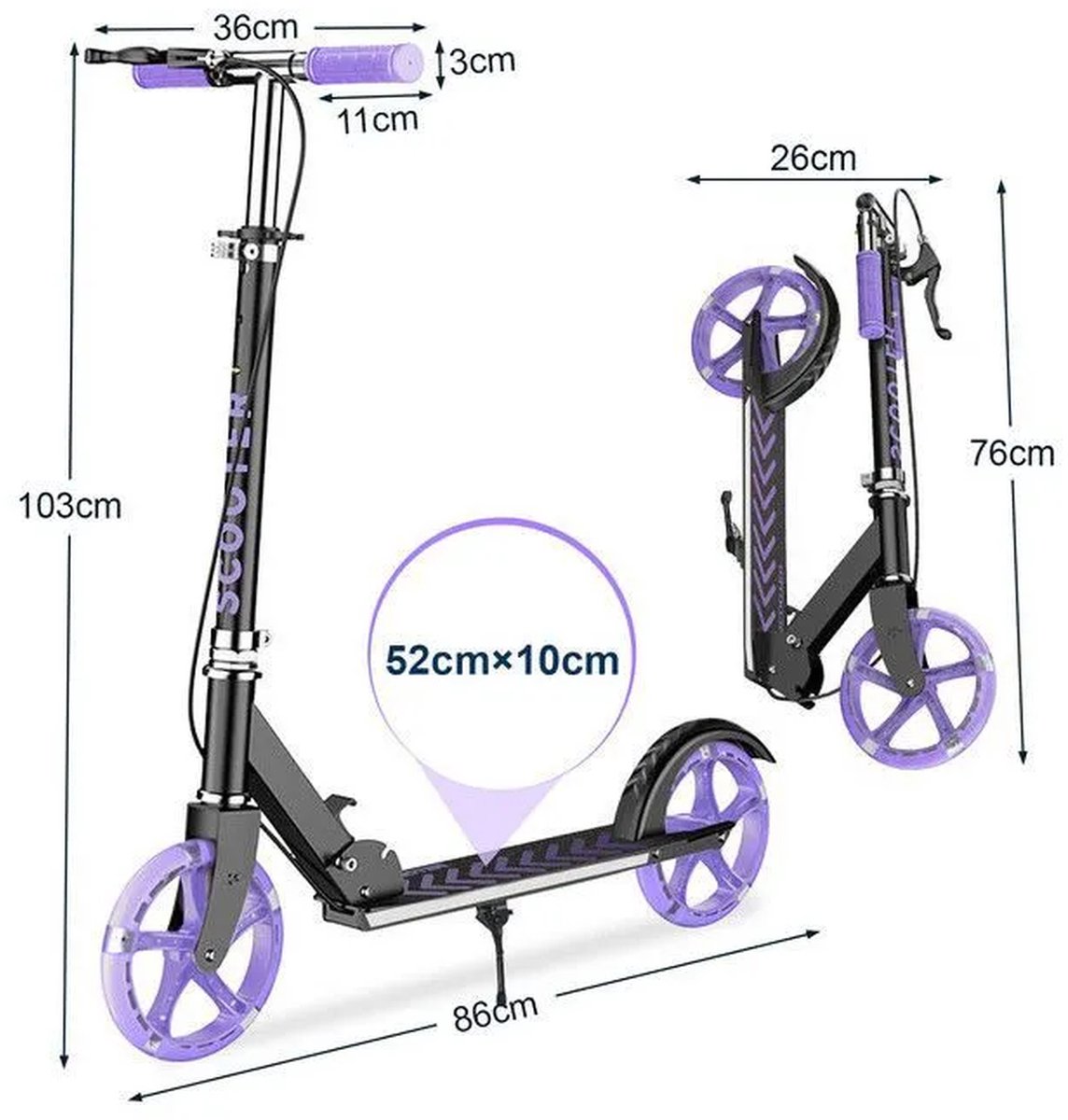 Step-Opvouwbare Step Verstelbaar stuur - Kinderstep 20 cm wielen met verlichting - Dubbel remsysteem - Draagvermogen 100 kg - Kinderen en Volwassenen-Paars thumbnail 2