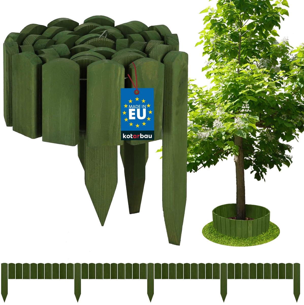 KOTARBAU® Bloembedrand, Rolborder, 200 x 10 cm, Groen, Tuinafscheiding, Houten Tuinhek, Borderrand, Palissade, Schapenhek, Tuindecoratie