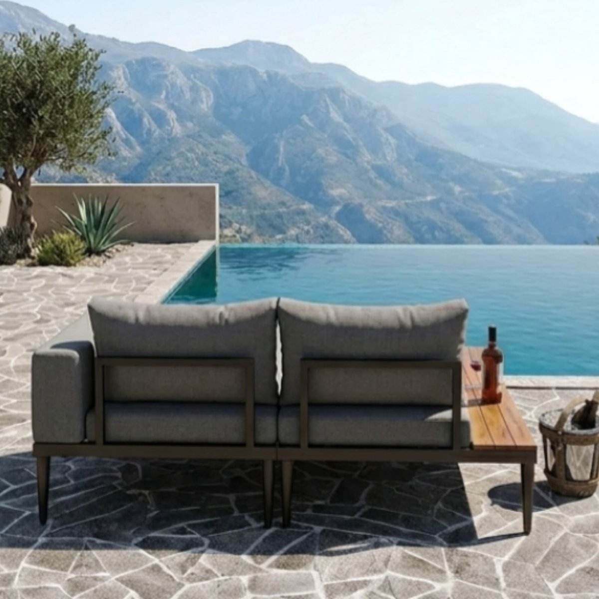 Zonneligstoel 2 Personen 150x140x55 cm – Duo Ligbed Tuin Weerbestendig met Planken en Kussens – Rotan Loungebed voor Terras, Balkon en Tuin – Grijs – Urbanhome
