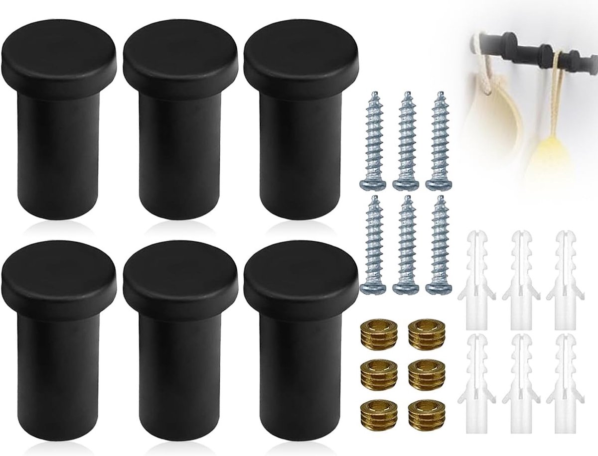 Handdoekhaken Set - Garderobe Haken - Keuken Badkamer - Roestvrij Staal - 6 Stuks - Zwart