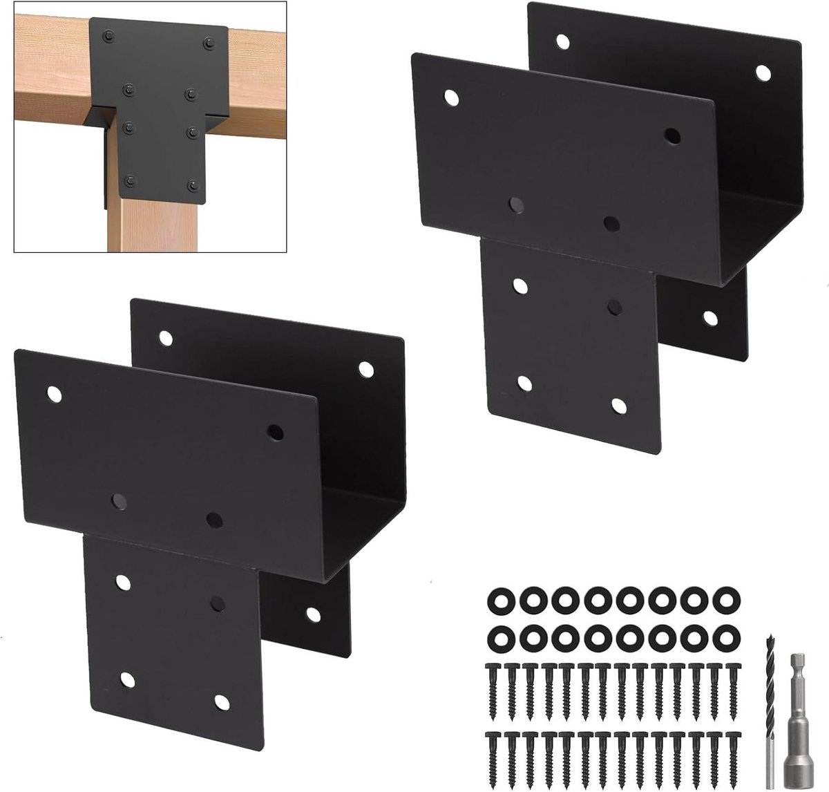 Paalbeugel Set - Balk Connector - Buitenconstructies - 2.5mm Dik Staal - 8.9 x 8.9 cm - Zwart