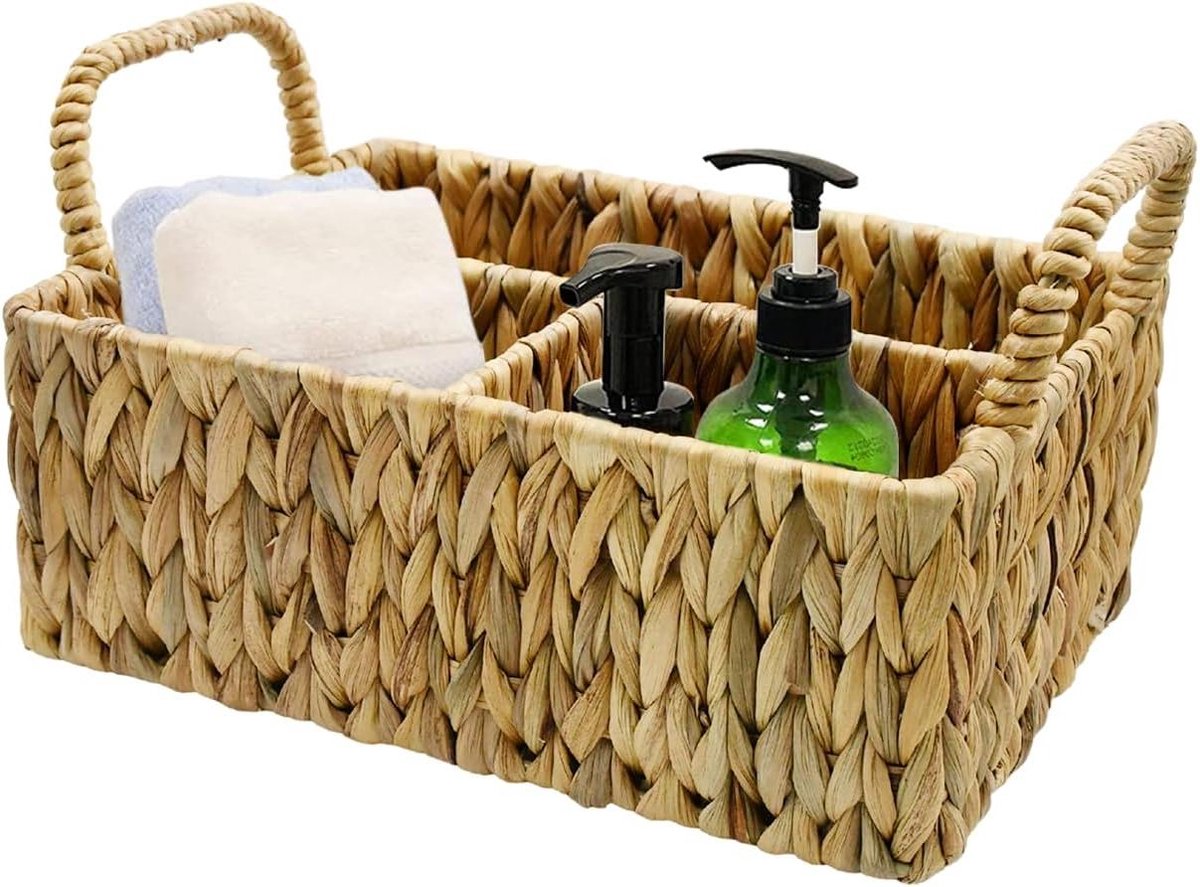 Opbergmand, waterhyacint geweven mand opslag met handgrepen, kleine plankmanden desktop opbergorganizer rechthoekig met secties voor het organiseren van snackspeelgoed, cosmetica (drie delen)