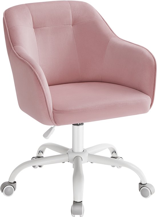 Chaise de bureau rose en velours avec roulettes et pied blancs.