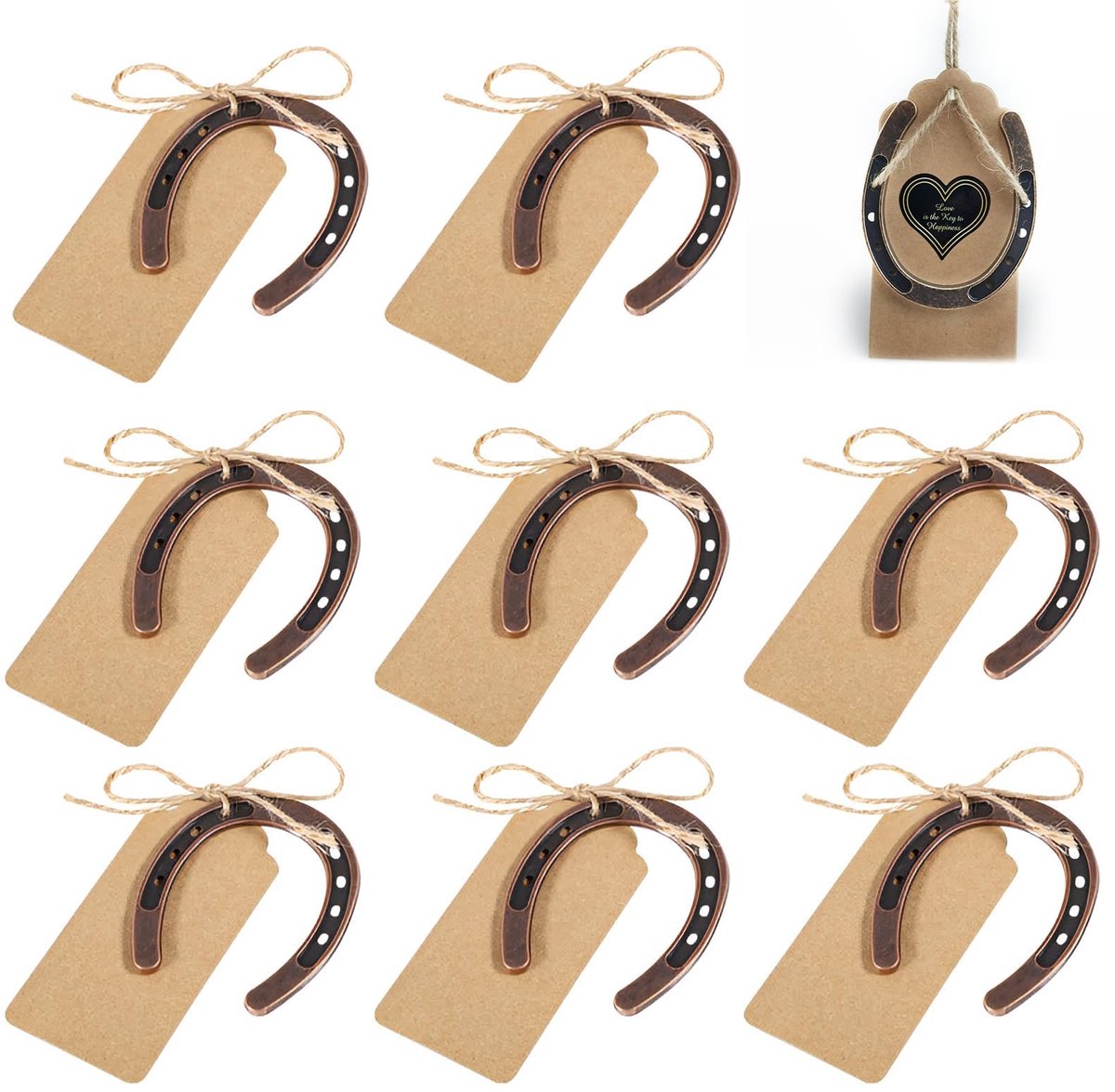 Allecto - Set van 8 Paardenhoeven Decoratie - Geluk Set - 6 x 7 cm - Cadeau met Hennep Touw Pendant - Kraft Papier - Perfect voor Huisdecoratie - U...