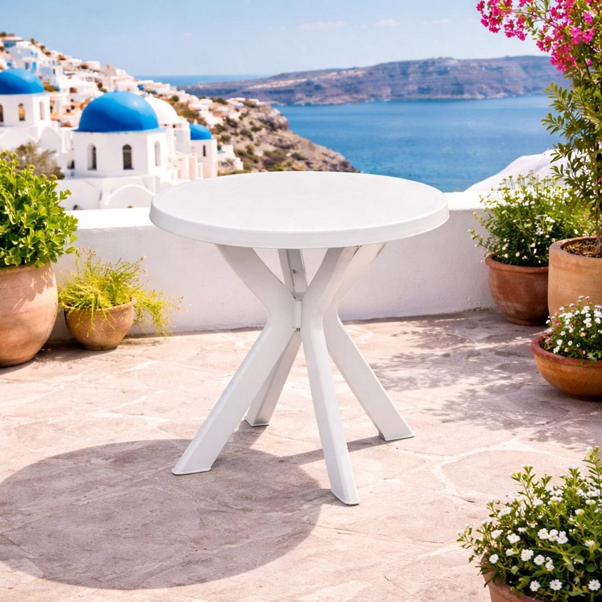 Kunststof Tuintafel - Ronde Tafel - Buiten Genieten - Modern X-frame - 70 cm Diameter - Wit