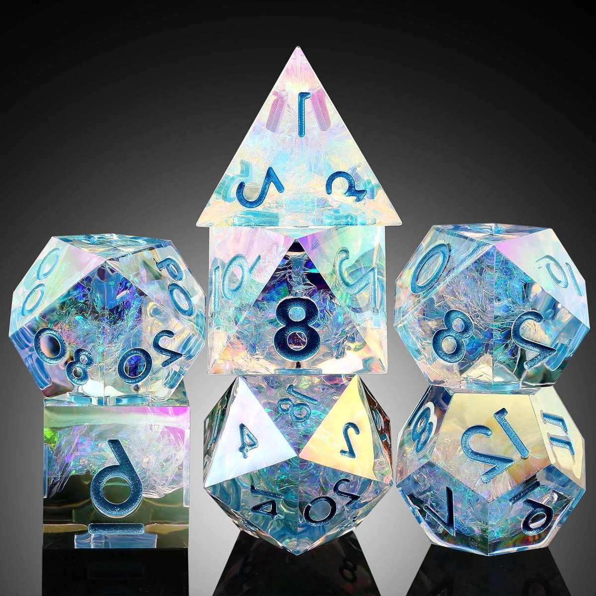 Hars Dobbelstenen - RPG Dobbelstenen - Tafelspel Spelen - Scherpe Randen - 7 Stuks - Iriserend Transparant