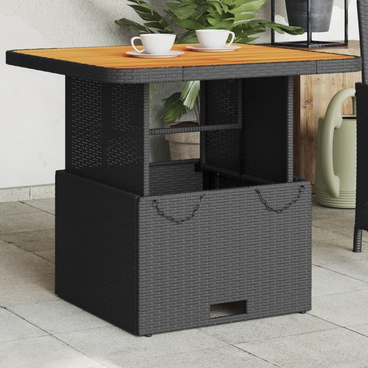 Verstelbare Tuin- en Eettafel 80x80x71 cm – Salontafel & Outdoor Tafel met Acaciahouten Tafelblad en Zwart Stalen Frame – Duurzaam Polyrotan & Weerbestendig – Laura
