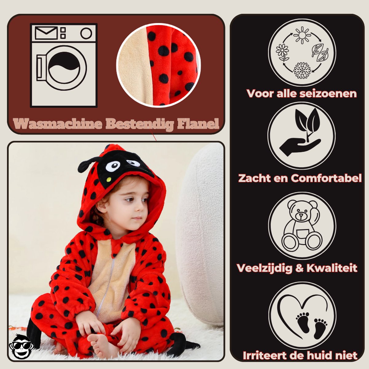 BoefieBoef Dieren Baby Onesie Peuter Pyjama Kinderen 6 maanden - 2 jaar – Lieveheerstbeestje – Verkleedkleding met Luierrits – Carnaval Dierenpak - Halloween en Kraamcadeau Tip – Zacht Flanel - Romper - Boxpak - Jongens - Meisjes - Kruippak - — afbeelding 3