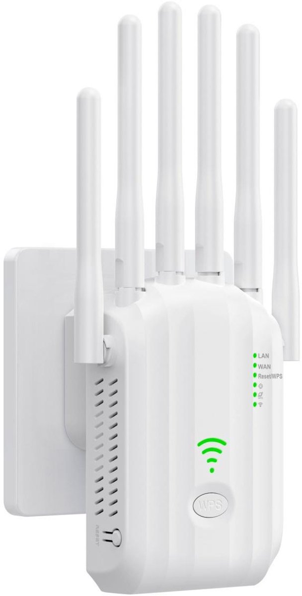 GELLDG WiFi Repeater - 300M360° Dekking - WiFi Versterker met 4 Antennes - Geschikt voor Smartphones, Laptops en Tablets - Kunststof - Afmetingen 9x6,5x19cm - 2 LAN Poorten - AP/RP & WPS Ondersteuning