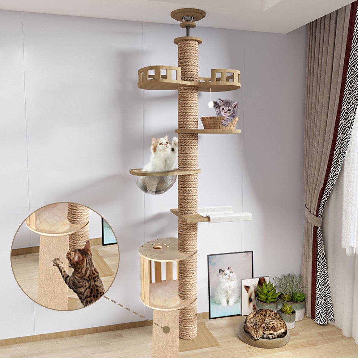 YYchan Krabpaal Platform - Krabpaal hout voor katten - Krabton - kattenboom - 5 laag - met krabplank & Kattenhuis & Hangmat - Hoogte verstelbare 215-275 cm - Hout